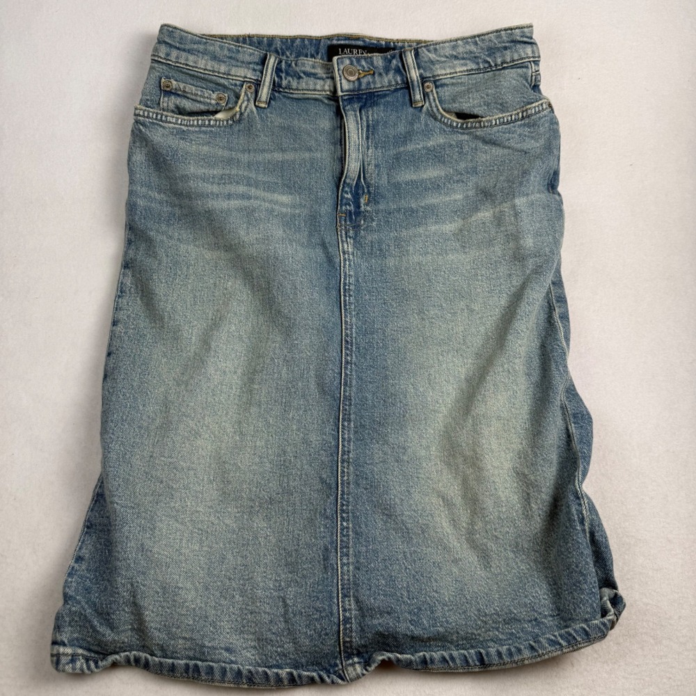Lauren Ralph Lauren Blue Denim Midi Skirt Size 8 Medium Wash Back Vent Cotton